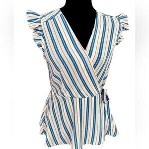 MONTEAU striped faux wrap peplum top with flutter sleeve, size M
